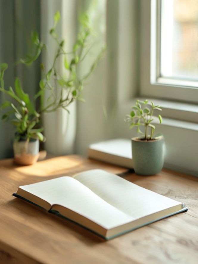 Minimalistisk arbetsbänk med växter och anteckningsbok