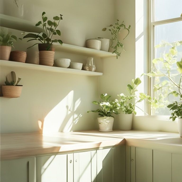 Tyst köksinteriör med gröna växter och naturligt ljus